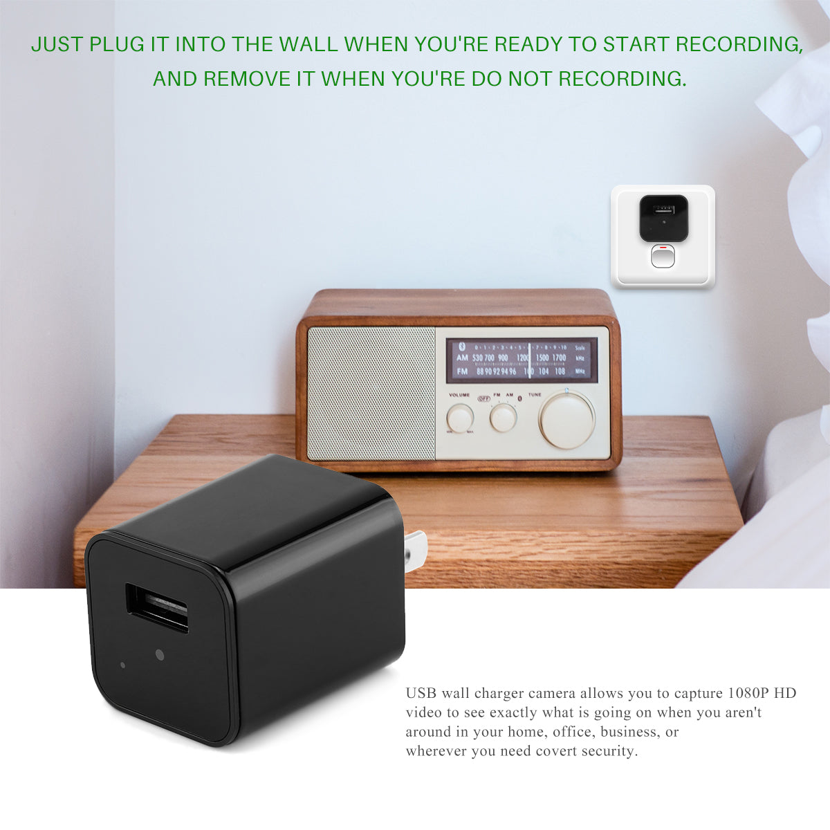 ARX Covert C1 — 1080P Hidden Camera USB Wall Charger | Motion Detection | Loop Recording